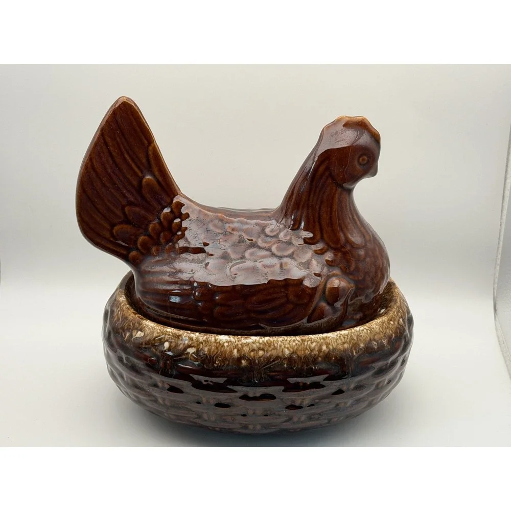 Hull Brown Drip Mirror Glaze Chicken Hen on Nest Casserole & Lid Vintage 8